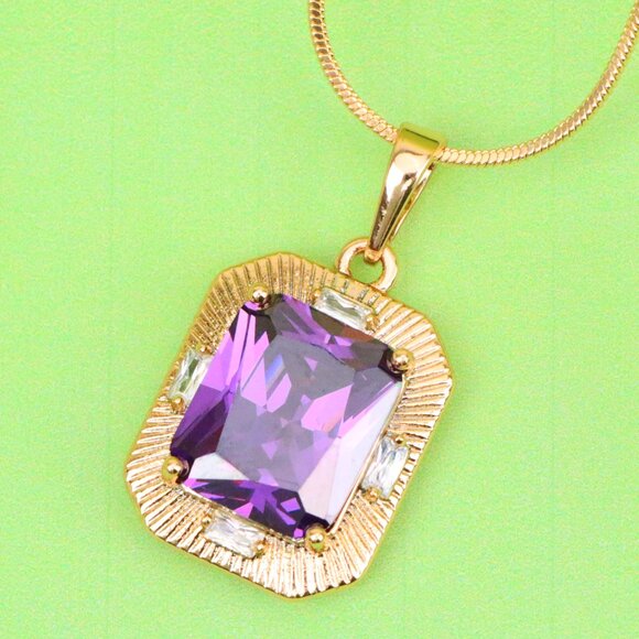 "Purple Rectangular Pendant with Gold Frame and Sparkling Accents, XPPT1786 - Picture 1 of 13